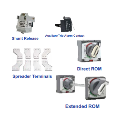 LT Accessories for DY125U MCCB - Auxiliary Alarm Contact - Shunt Release - Spreader Terminals - Direct ROM -  Extended ROM - Product Image