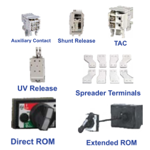 LT Accessories for MCCBs - DY250U1 / DU250C / DU250 / DU400N - Auxiliary Contact - Trip Alarm Contact - Shunt Release - UV Release - Spreader Terminals - Rotary Handle - Product Image
