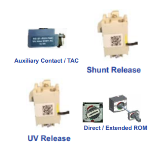 LT d sine DZ1 MCCBs Accessories - Auxiliary Contact - Shunt Release - Under Voltage Release - Rotary Handle - Key Lock - Spreader Terminal - Product Image